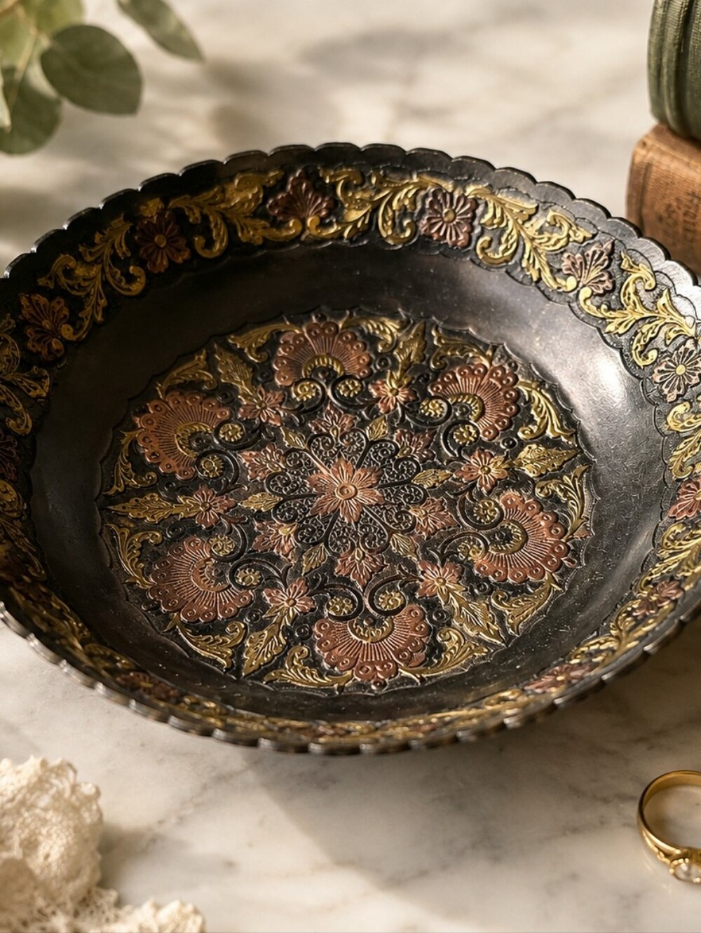 Vintage Embossed Metal Floral Bowl Trinket Dish Boho Decor